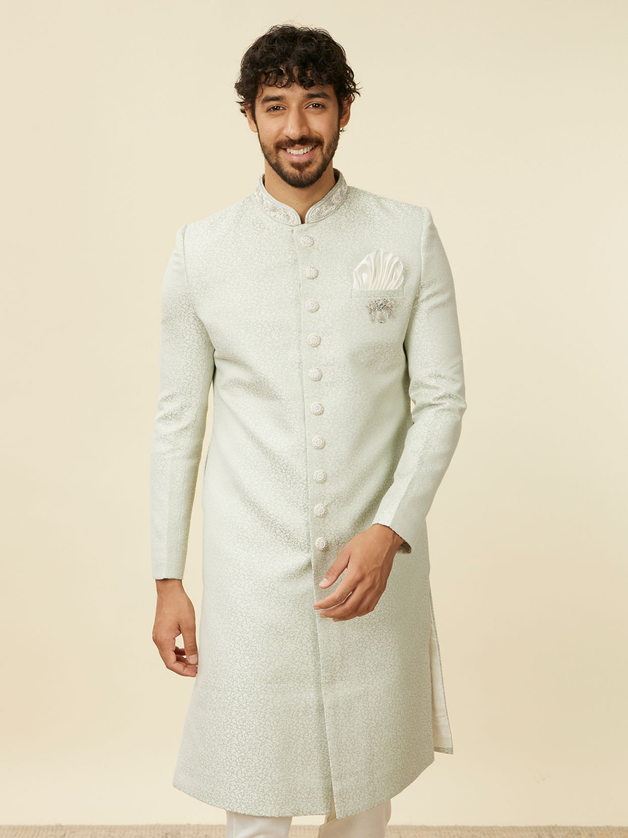 alt message - Manyavar Men Light Mid Green Achkan Style Sherwani Set image number 0